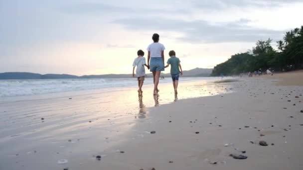 Mutlu Anne Oğullarıyla Kıyı Şeridinde Yürüyor — Stok video