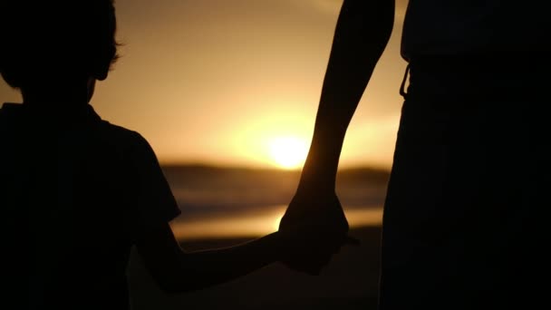 感受家庭联系的温馨本质 就像母亲和儿子在宁静的海滩上迷人的落日背景下的轮廓 — 图库视频影像