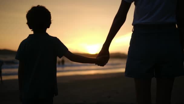 感受家庭联系的温馨本质 就像母亲和儿子在宁静的海滩上迷人的落日背景下的轮廓 — 图库视频影像