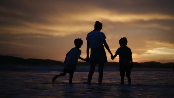静かなビーチの魅惑的な夕日を背景に 母親と息子のシルエットとしての家族のつながりの心温まる本質を体験してください — ストック動画