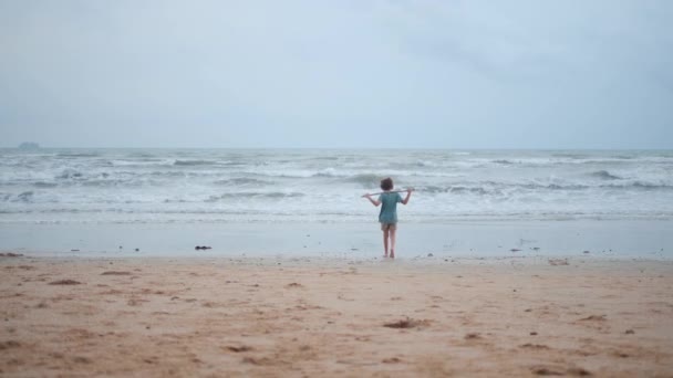 Αγόρι Παίζει Ένα Ξύλο Κοντά Στα Κύματα — Αρχείο Βίντεο