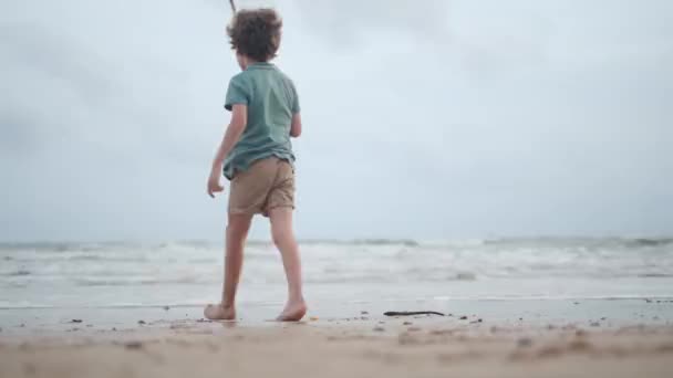 男孩在海浪边玩木棍 — 图库视频影像