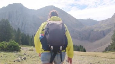 Kadın, doğa özgürlüğü, kırsal yürüyüş macerası ve sürdürülebilir seyahat için dağda yürüyüş ve sırt çantasıyla geziyor. Dağda tek başına yürüyen bir kadın gezgin.