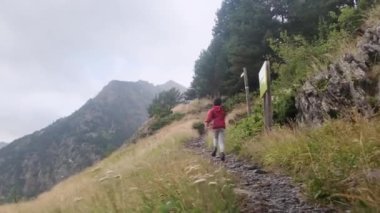 Küçük bir çocuğun yaz boyunca ulusal bir parkta yürüyüşünün arkası.