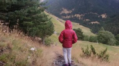 Küçük bir çocuğun yaz boyunca ulusal bir parkta yürüyüşünün arkası.