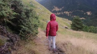 Küçük bir çocuğun yaz boyunca ulusal bir parkta yürüyüşünün arkası.