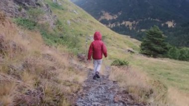 Küçük bir çocuğun yaz boyunca ulusal bir parkta yürüyüşünün arkası.