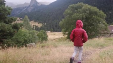 Küçük bir çocuğun yaz boyunca ulusal bir parkta yürüyüşünün arkası.