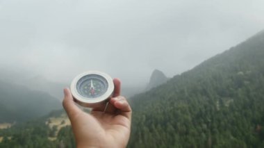 Doğal çam ormanı arka planında pusula elinde. Orman manzarasında el ele tutuşan pusula. Yaz dağlarında pusula arayan genç bir gezgin..