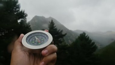 Doğal çam ormanı arka planında pusula elinde. Orman manzarasında el ele tutuşan pusula. Yaz dağlarında pusula arayan genç bir gezgin..