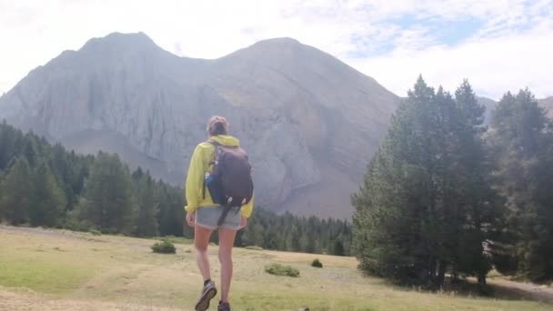 Vrouw Wandelen Rugzakken Berg Voor Natuurvrijheid Landelijke Trekking Avontuur Duurzaam — Stockvideo