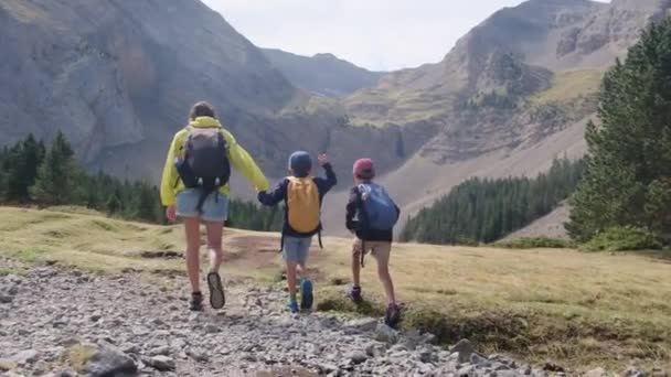 Giovane Madre Attiva Con Suoi Figli Piccoli Escursioni Montagna — Video Stock