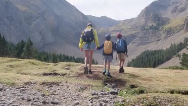 Giovane Madre Attiva Con Suoi Figli Piccoli Escursioni Montagna — Video Stock