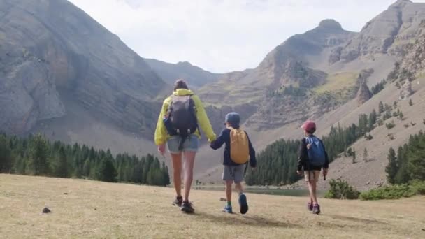 年轻活跃的母亲和她的小儿子在山上远足 — 图库视频影像