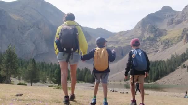 산에서 하이킹 그녀의 아들과 활동적인 어머니 — 비디오