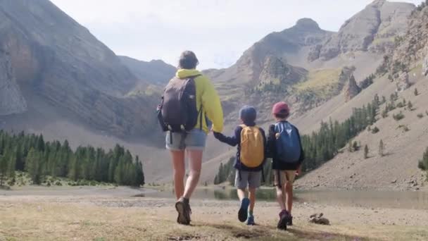 Young Active Mother Her Little Sons Hiking Mountains — Stock Video