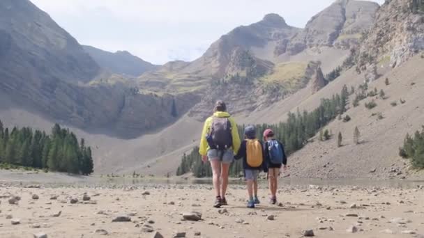 Ibu Muda Aktif Dengan Anak Anaknya Mendaki Pegunungan — Stok Video