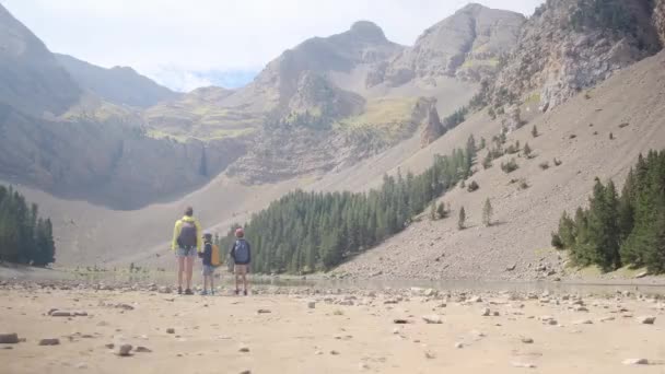 Jovem Mãe Ativa Com Seus Filhinhos Caminhando Nas Montanhas — Vídeo de Stock