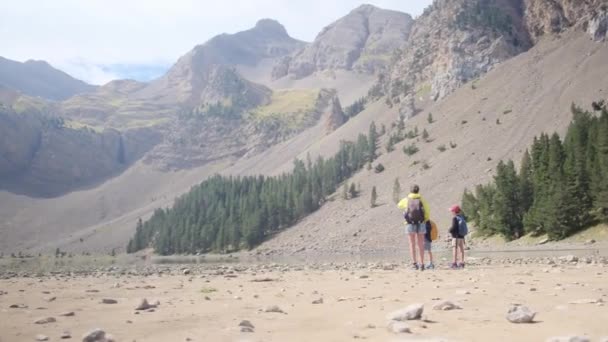 Junge Aktive Mutter Mit Ihren Kleinen Söhnen Beim Bergwandern — Stockvideo
