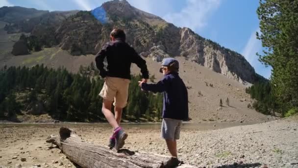 Nahaufnahme Von Junge Mit Bruder Fuß Auf Baumstamm — Stockvideo