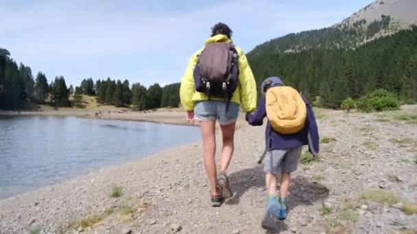 Genç Aktif Anne Küçük Oğulları Dağlarda Yürüyüş Yapıyor — Stok video