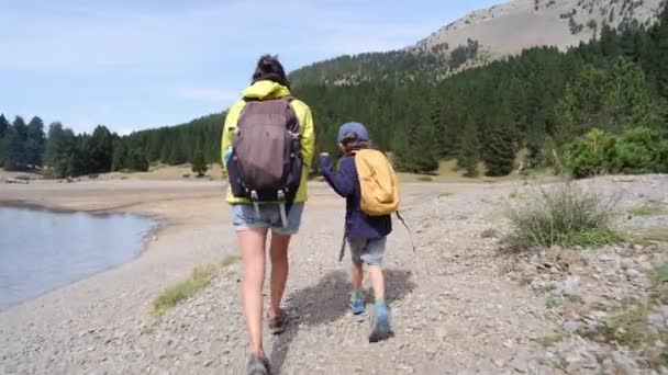 Joven Madre Activa Con Sus Hijos Haciendo Senderismo Las Montañas — Vídeos de Stock