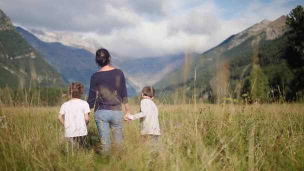 Aile Dağlarda Yürüyüş Yapıyor Açık Havada Özgürlüğe Kucak Açıyor — Stok video