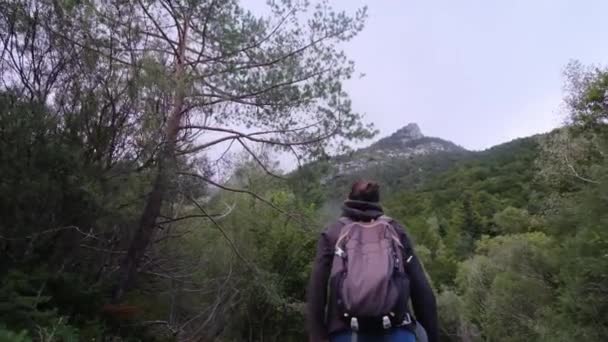 Kvinnans Lugna Resa Med Vattenfall Verdant Forest Wonderland Följ Med — Stockvideo
