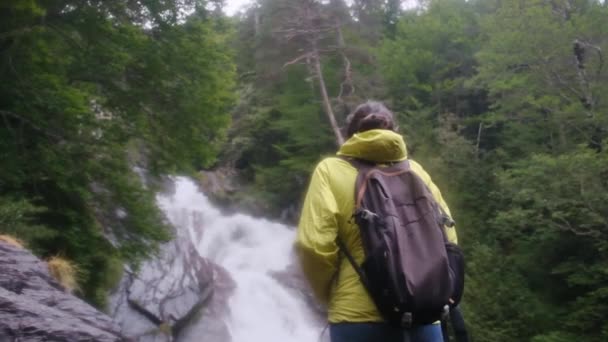Viaje Tranquilo Mujer Por Cascadas Bosque Verde Wonderland Únete Sereno — Vídeo de stock