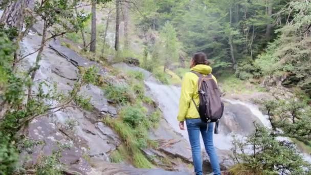 Woman Tranquil Journey Waterfalls Verdant Forest Wonderland Rejoignez Voyage Serein — Video