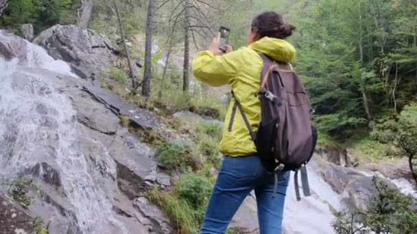 Woman Making Photo Waterfalls Verdant Forest Wonderland — Stock Video