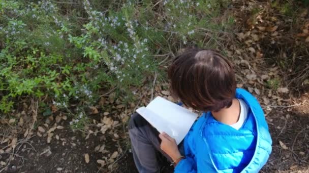 Young Naturalist Kid Studying Nature Forest Magnifying Glasses Travel Tourism — Stock Video