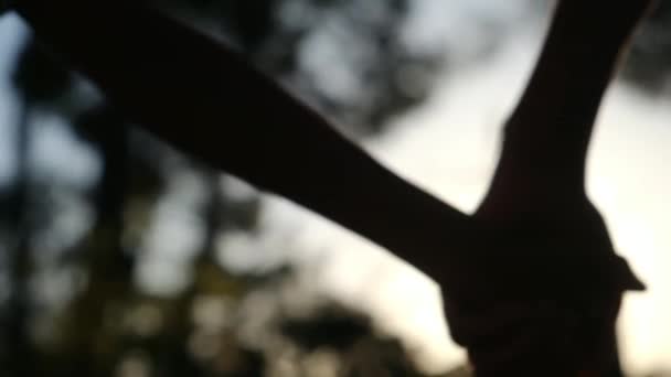 在日落的背景下 妈妈和孩子手牵着手 作为儿子或女儿的轮廓牵着母亲的手 太阳耀斑 爱情和幸福概念 — 图库视频影像