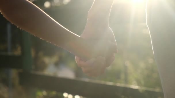 Mutter Und Kind Halten Sich Vor Sonnenuntergang Den Händen Silhouette — Stockvideo