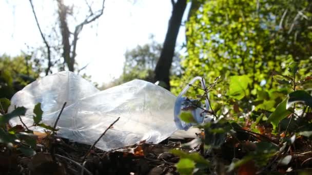森林概念中的垃圾和塑料拯救了地球气候变化的可持续性 用相机滑块在地面上移动相机 — 图库视频影像
