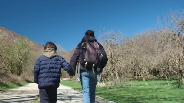 Mor Med Son Går Genom Parken Solig Dag — Stockvideo