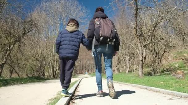Mutter Mit Sohn Spaziert Einem Sonnigen Tag Durch Den Park — Stockvideo