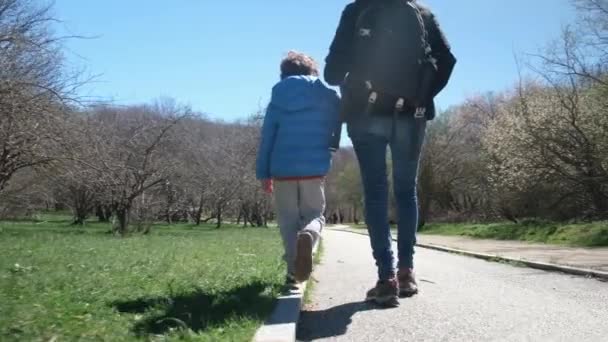 Anya Fia Sétálnak Parkban Egy Napsütéses Napon — Stock videók