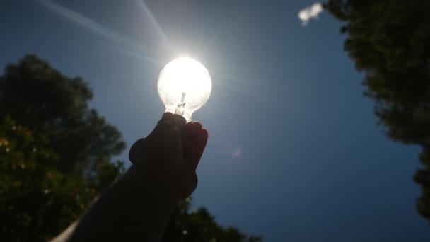 太陽のコンセプトで人の手のシルエットによって保持される電球 太陽エネルギーの持続可能性気候変動の環境責任エネルギー危機 — ストック動画