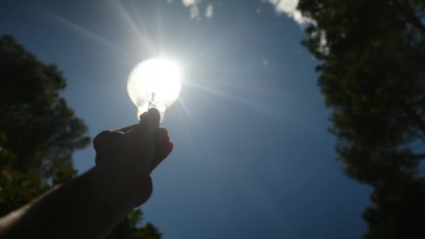 手握电灯泡的人在阳光下的轮廓概念太阳能可持续发展气候变化环境责任能源危机 — 图库视频影像