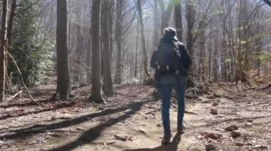 Kadın, doğa özgürlüğü, kırsal yürüyüş macerası ve sürdürülebilir seyahat için dağda yürüyüş ve sırt çantasıyla geziyor. Dağda tek başına gezen bir kadın gezgin ve sağlık tatili kaçamağı.