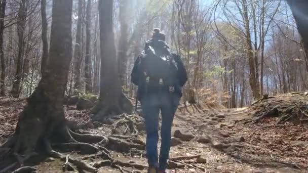 自然の自由 田舎トレッキングアドベンチャー 持続可能な旅行のための山での女性 ハイキング バックパッキング 単独でアウトドアを歩く山での女性旅行者とウェルネス休暇 — ストック動画