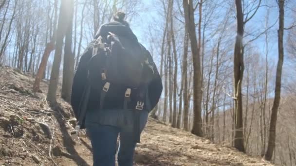 为了大自然的自由在山上徒步旅行和背包旅行 农村徒步旅行和可持续的旅行 山区女旅行者独自在户外散步 享受健康假期 — 图库视频影像