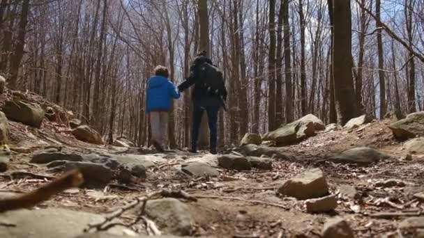 Famille Marchant Dans Forêt Par Une Journée Ensoleillée Contact Avec — Video