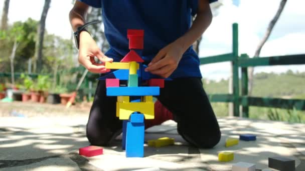 Kleine Jongens Spelen Buiten Deken Met Eco Kleurrijke Blokjes Het — Stockvideo