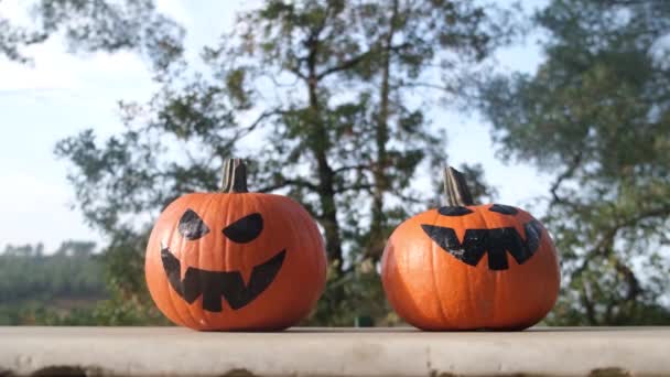 Pompoenen Klaarmaken Voor Halloween Halloween Pompoenen Tafel — Stockvideo
