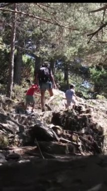 Genç yürüyüş meraklılarıyla güneşli mevsimlerin tadını çıkarın. Oğullarıyla dağlarda yürüyüş yapan bir kadın. 