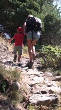Genç yürüyüş meraklılarıyla güneşli mevsimlerin tadını çıkarın. Oğullarıyla dağlarda yürüyüş yapan bir kadın. 