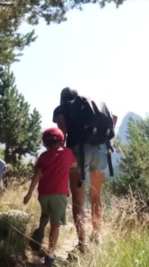 Genç yürüyüş meraklılarıyla güneşli mevsimlerin tadını çıkarın. Oğullarıyla dağlarda yürüyüş yapan bir kadın. 