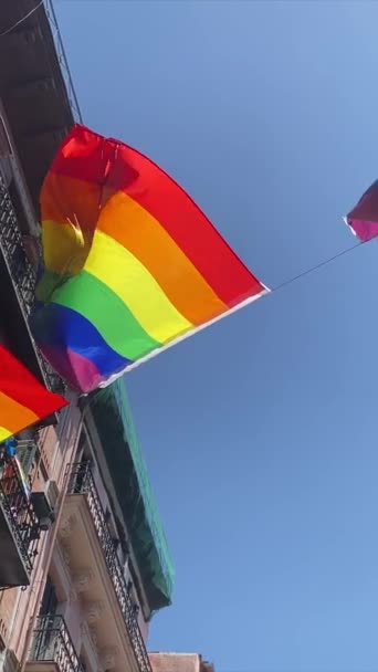 Stolthet Banner Flagga Regnbåge Blåser Vind Monterad Byggnader — Stockvideo